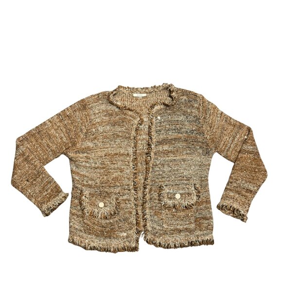 Sioni Brown Tan Textured Fringe Cardigan L w/ Sequins & Pockets - Picture 6 of 15